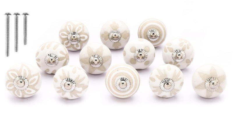 NAQSH Ceramic Cabinet Knobs Kitchen Drawer Knob Handpainted Cupboard Door & Drawers Pulls (White & Beige, 12) - Image 1